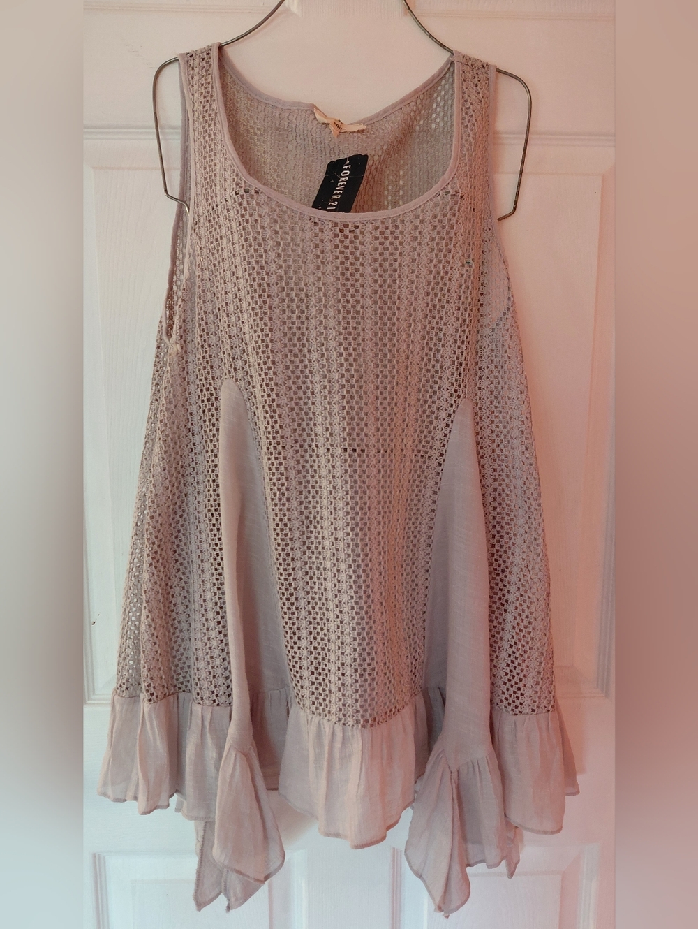 Forever 21 Sz L Light Grey Crochet Tank Top  Dress Flow Top Or Beach Cover Up